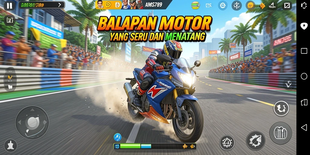 Screenshot menampilkan aksi balapan motor yang mendebarkan.