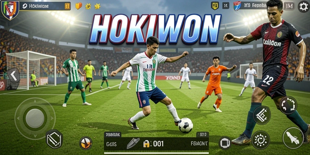Gameplay seru HOKIWON yang menampilkan aksi sepak bola.
