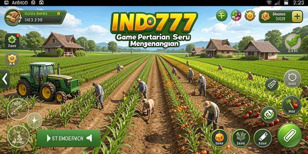 Screenshot gameplay menampilkan lahan pertanian yang luas dan berwarna-warni.