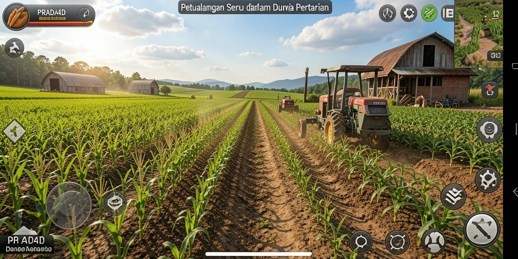 Screenshot gameplay PRADA4D menampilkan suasana bertani yang ceria.
