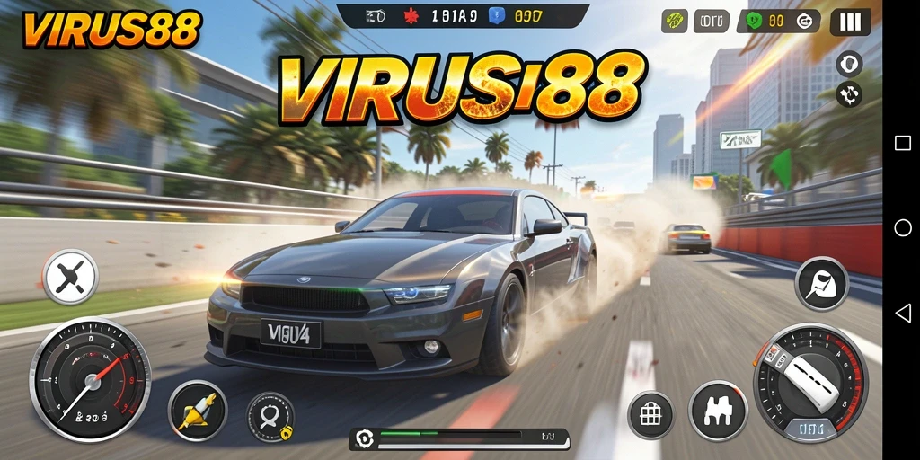 Tampilan utama gameplay VIRUS88 menunjukkan aksi balap yang mendebarkan.